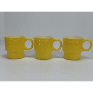 3 Vintage Hazel Atlas Embossed‎ Bright Yellow Stackable Milk Glass Coffee Mugs